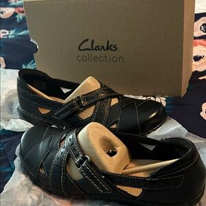 Clarks Black Leather Strap Shoes